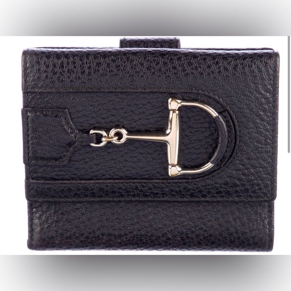 Authentic GUCCI ! Black Leather Horsebit Wallet with Gold Accent